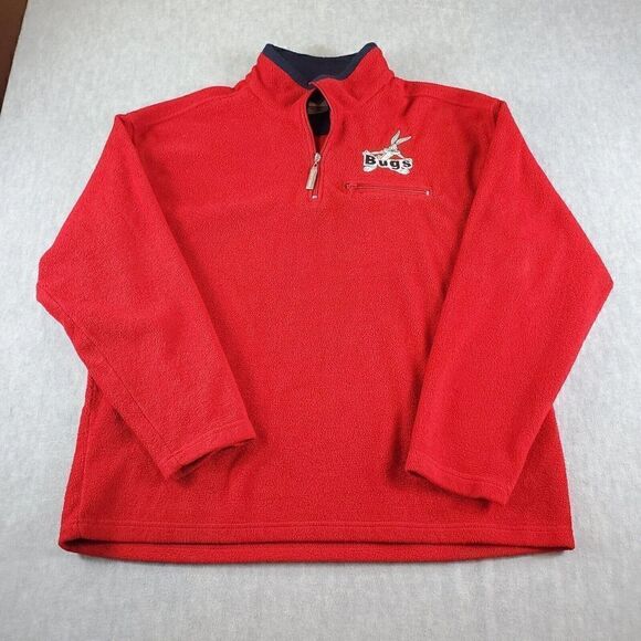 Vtg Bugs Bunny Sweater Mens Large Red Warner Bros Studio Looney Tunes 1/4 Zip - Picture 1 of 10